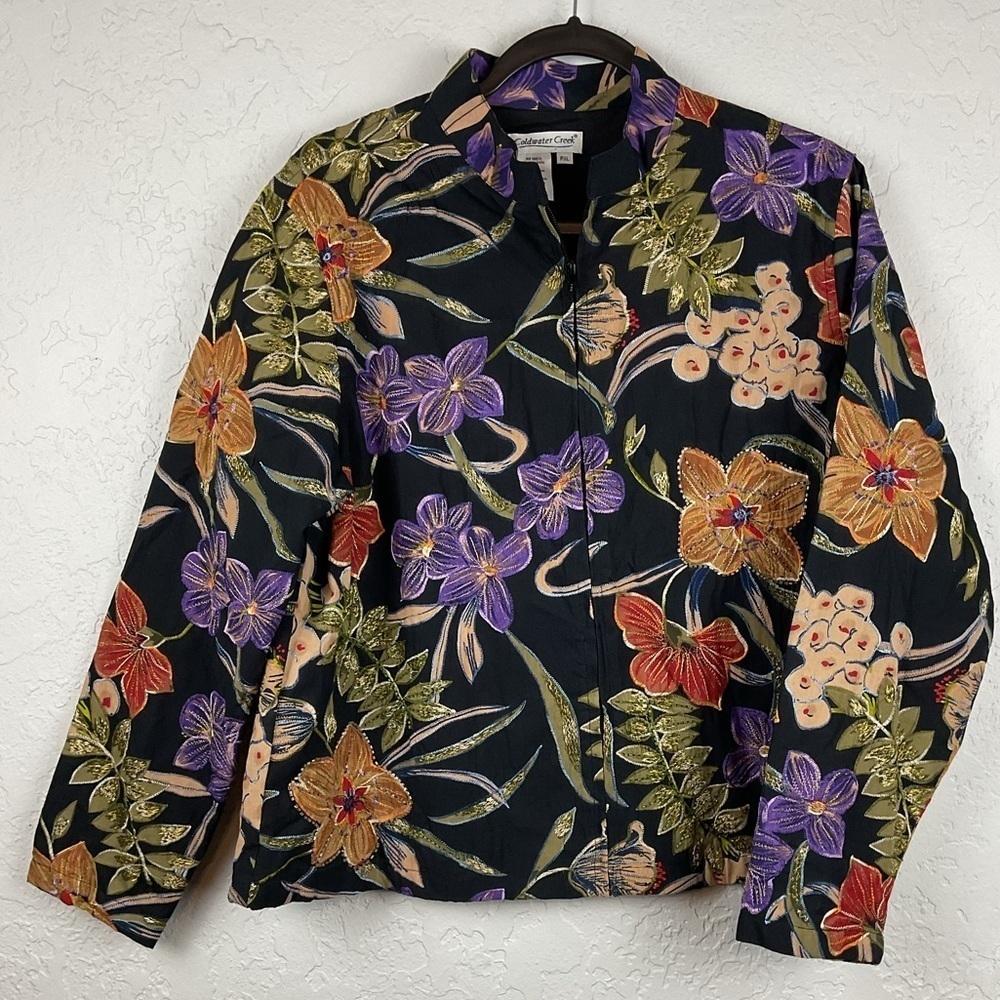 Women’s Coldwater Creek Beaded Floral Black Zip Up Jacket Sz Petite XL